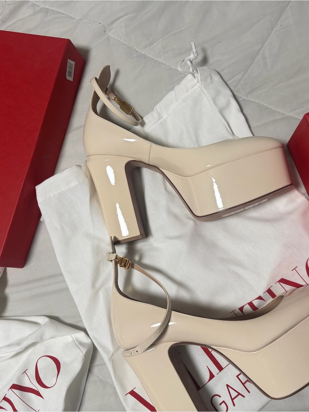 Valentino Patent Platform Mary Jane Heels in Pale Beige
